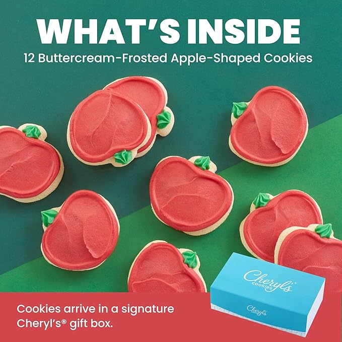 Cheryl's Cookies® Apple Shaped Cookies with 12 Buttercream Frosted Sugar Cookies Individually Wrapped Gift for Teachers Grads Family Friends Loved Ones