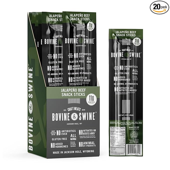Bovine &amp Swine All-Natural Gourmet Craft Beef Snack Sticks | 10 Packs of 2 | Wyoming Jerky Sticks High Protein Individually Wrapped | Camping &amp Hiking Snacks | Clean Ingredients | Jalapeño B