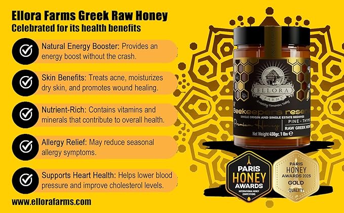 Ellora Farms Organic Raw Greek Honey Bundle – Wild Thyme &amp Pine-Thyme Award-Winning Pure Unfiltered Cold-Pressed Additive-Free Gift Pack with Wooden Dipper – 2 x 450g