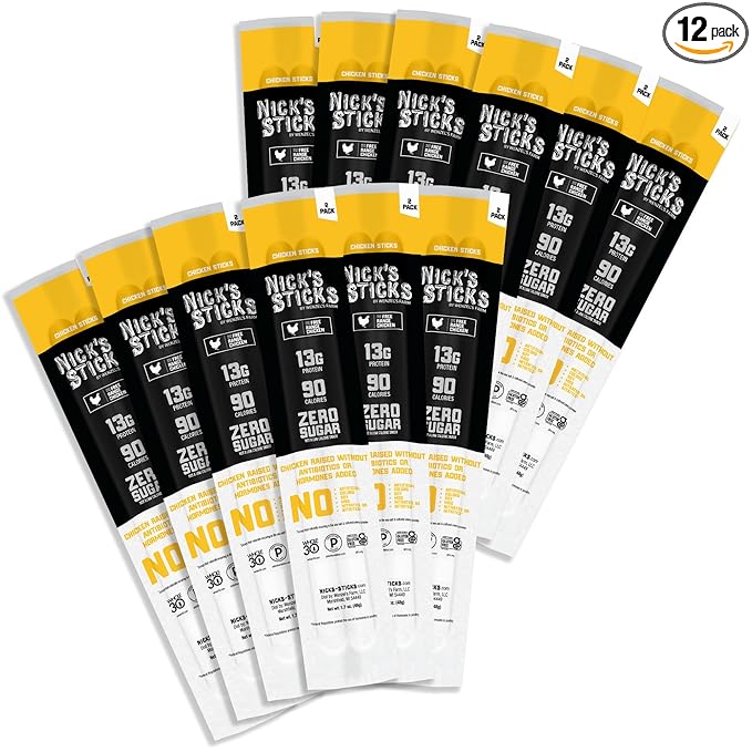 Nick's Sticks Free Range Clean &amp Balanced Chicken Snack Sticks | Made in the USA | Gluten Free | Paleo Keto Whole30 Approved | No Soy Antibiotics or Hormones (12-1.7oz. Packages of 2 Sticks)
