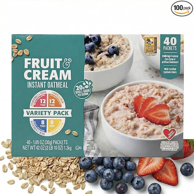 Fruit and Cream Instant Oatmeal Variety Pack 40 Count Heart Healthy No High Fructose Corn Syrup Banana Peach Blueberry Strawberry (1 Pack - 40 Packets)