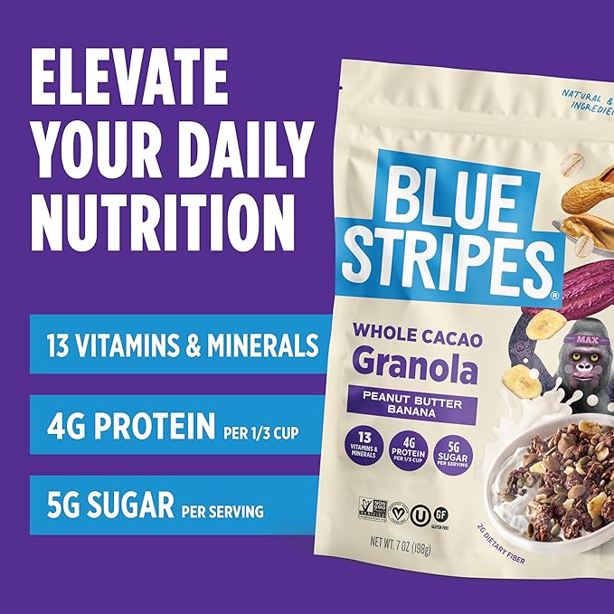 Blue Stripes Whole Cacao Granola - Gluten Free Dark Chocolate Granola for Cereal Oatmeal Yogurt 5g Protein Per Serving Source of Fiber Vegan Low Sugar - Peanut Butter Banana 7 oz (3 Pack)