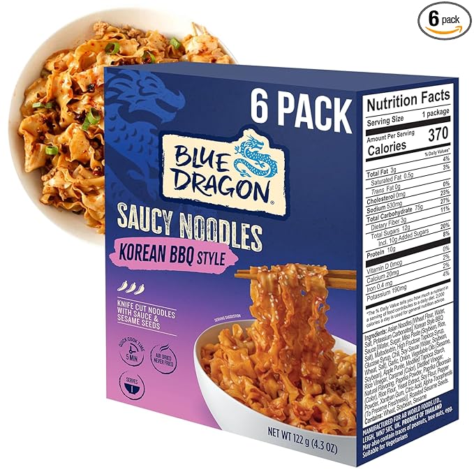 Blue Dragon Korean BBQ Saucy Noodles - 4.2oz (Pack of 6) - Knife Cut Thick Noodles w/Korean BBQ Sauce &amp Sesame Seed Garnish - Quick &amp Easy Meal with Bold Asian Flavors - Vegetarian Friendly
