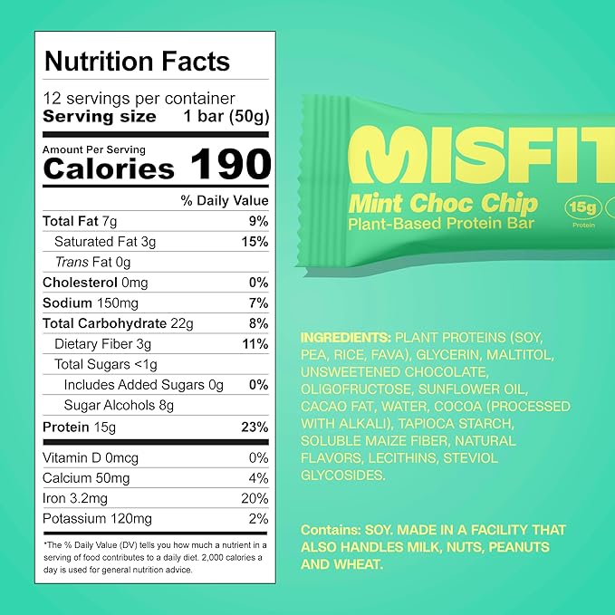 Misfits Vegan Protein Bars - Mint Chocolate Chip | Nutrition Bars - 15g Protein 1g Sugar Plant-based Low Carb Non-GMO Gluten Free Snacks | Pack of 12