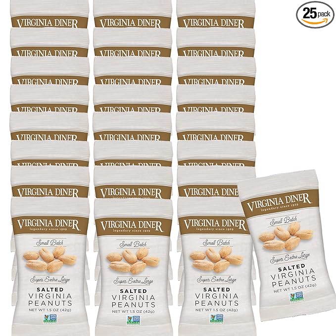 Virginia Diner XL Blister Roasted Gourmet Virginia Peanuts – All Natural Heart Healthy Plant-Based Protein 1.5oz (Pack of 25) Salted for Lunch Box or Snacking