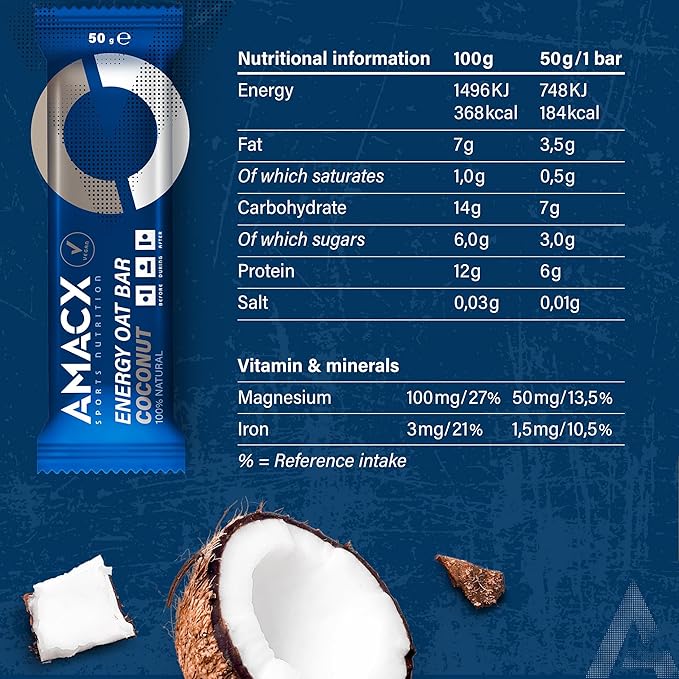 AMACX Energy Oat Bar for Endurance Sports – 12 x 50g – Energy Bars Carbohydrate mix (31g) – Vegan Protein Bar with 50mg magnesium – Running &amp Hiking Snacks – Healthy Oatmeal Power Bars – Coconut