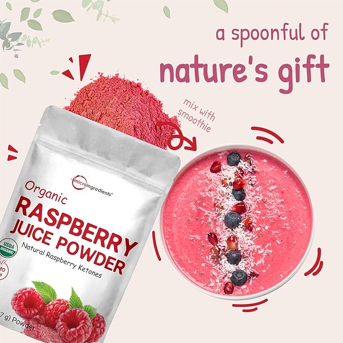 Organic Raspberry Juice powder 8oz | 100% Natural Fruit Powder | Freeze-Dried Raspberries Source | No Sugar &amp Additives | Great Flavor for Drinks Smoothie &amp Beverages | Non-GMO &amp Vegan