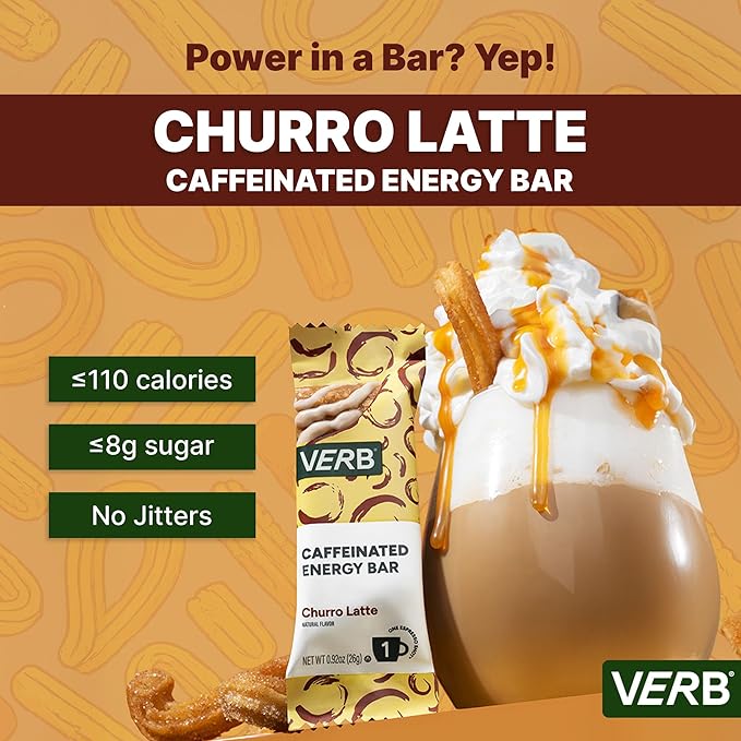 Verb Caffeinated Energy Bars Churro Latte (26g Pack of 16) 110-Calorie Delicious Low Sugar Energy Bar - Vegan Gluten Free On-the Go Snack with 80mg Green Tea Caffeine Only Real-Food Ingredients