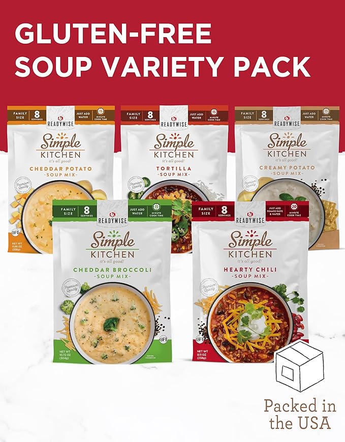 READYWISE - Simple Kitchen Soup Sampler Variety Pack 8 Servings Per Pouch Soup Mix Family Size MRE Gluten Free Freeze Dried Food Ready To Eat Meals Hiking &amp Backpacking Food Soup for Fa
