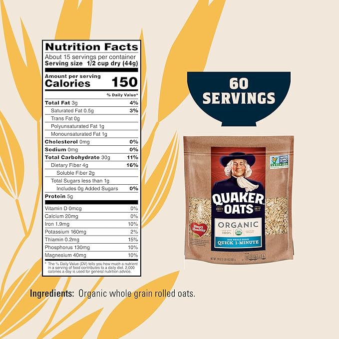 Quaker Organic Quick Cook Oatmeal Breakfast Cereal Non-GMO Project Verified 24 Oz(Pack of 4)