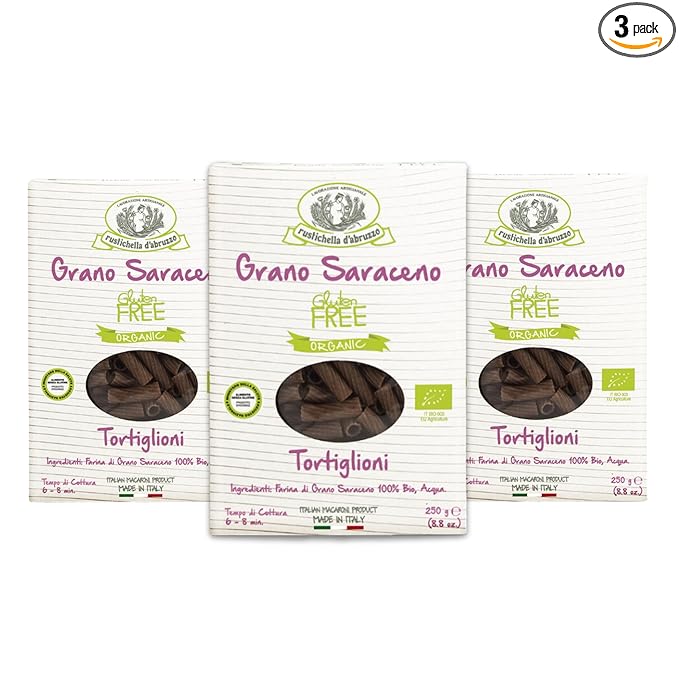 Rustichella d'Abruzzo Organic Buckwheat Tortiglioni (Pack of 3) 250g Each - Gluten-Free Pasta with Distinct Buckwheat Flavor - Artisan Pasta from Italy