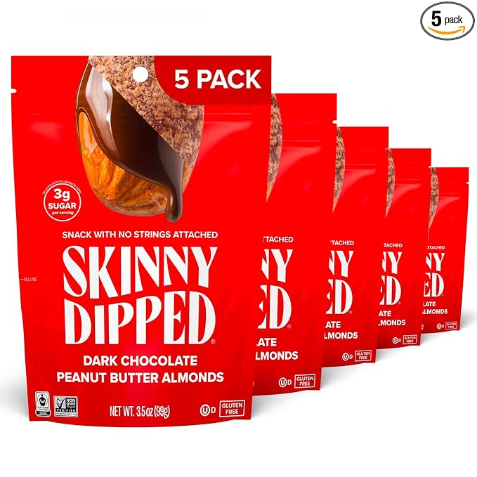 SkinnyDipped Dark Chocolate Peanut Butter Almonds Healthy Snack Plant Protein Gluten Free 3.5 oz Resealable Bags (Pack of 5)