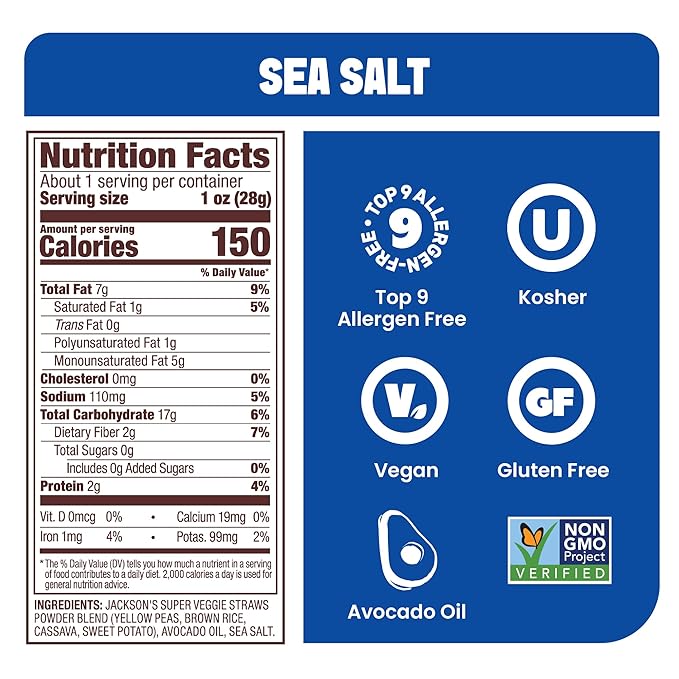 Jackson’s Super Veggie Straws™ (Sea Salt 1 oz Pack of 18) – Gluten Free Vegan Snacks for Kids &amp Adults – Made with Premium Avocado Oil – Allergen-friendly Veggie Straws Individual Bags