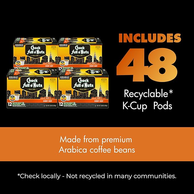Chock Full o' Nuts Donut Shop Keurig K-Cup Pods for Keurig Brewers – Premium Arabica Medium Roast – Single Serve – 4 Packs of 24 K-Cup Pods