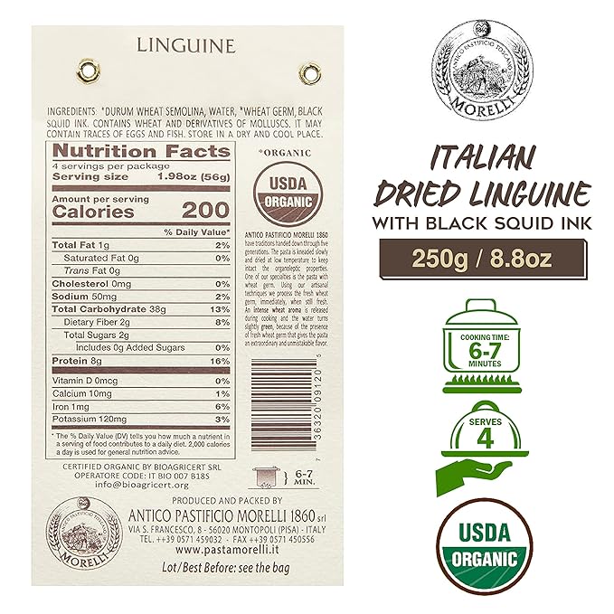 Morelli Organic Pasta Variety Pack - Black Squid Ink Pasta Linguine and Red Chili Linguine - Imported Italian Pasta Sampler - Includes Two-8.8 oz Packages of Gourmet Pasta from Italy