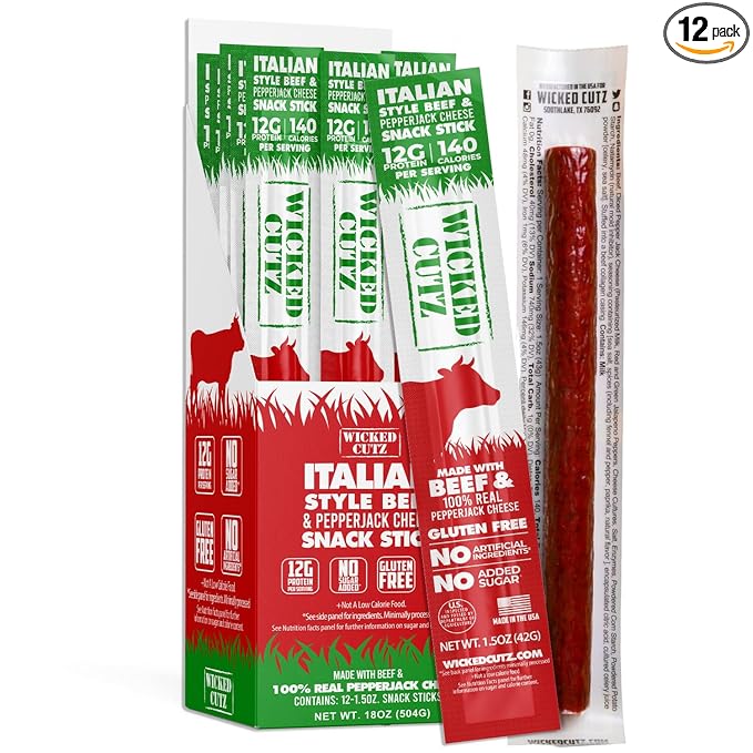 Italian Beef &amp Cheese Sticks 12g Protein Per Beef Stick Tender &amp Juicy Meat Stick with Real Pepper Jack Cheese USA Made High Protein Meat Sticks Carnivore Snacks (12 Pack)