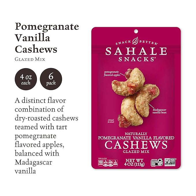 Sahale Snacks Pomegranate Vanilla Cashews 4 oz Pouches (6 Packs) - Dry-Roasted Deluxe Mixed Nuts with Pomegranate Infused Apples &amp Madagascar Vanilla - Non-GMO Kosher &amp Certified Gluten-Fre