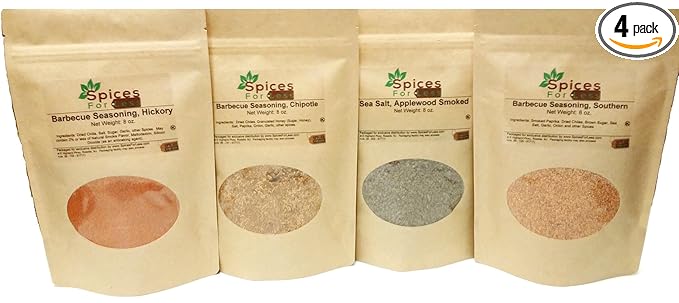 SpicesForLess - BBQ Seasoning Variety Set (4 - 8 oz Pouches) - Kosher - Southern Hickory Chipotle Dry Rubs &amp Applewood Sea Salt (SATISFACTION GUARANTEED)