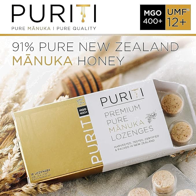 PURITI Manuka Honey Lozenges UMF 12+ (16 Pack) Manuka Honey UMF 10+ | Premium Sugar Free Throat Soothers for Coughs &amp Sore Throats | Premium Quality Authentic Superfood from New Zealand