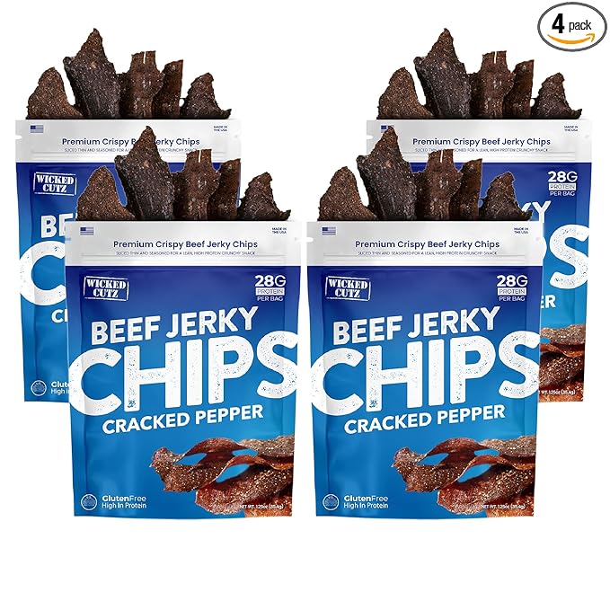 Wicked Cutz Cracked Pepper Beef Jerky Chips 28g Protein per Bag Crispy &amp Crunchy Beef Jerky Crisps USA Made Pepper Flavored Chips High Protein Carnivore Snacks (4 Bags)