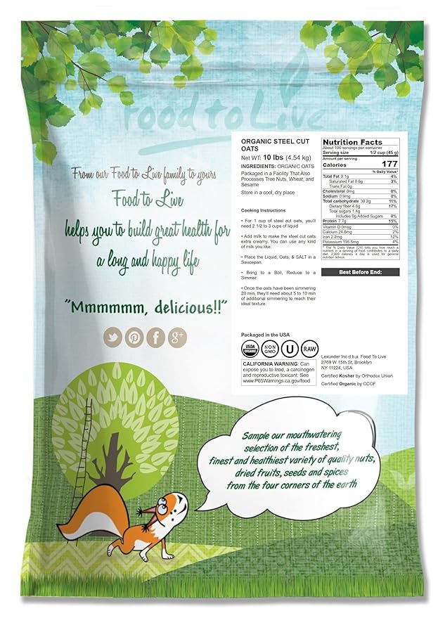 Food to Live Organic Steel Cut Oats 10 Pounds – 100% Whole Grain Irish Oats Non-GMO Cereal Non-Irradiated Vegan Bulk Product of the USA
