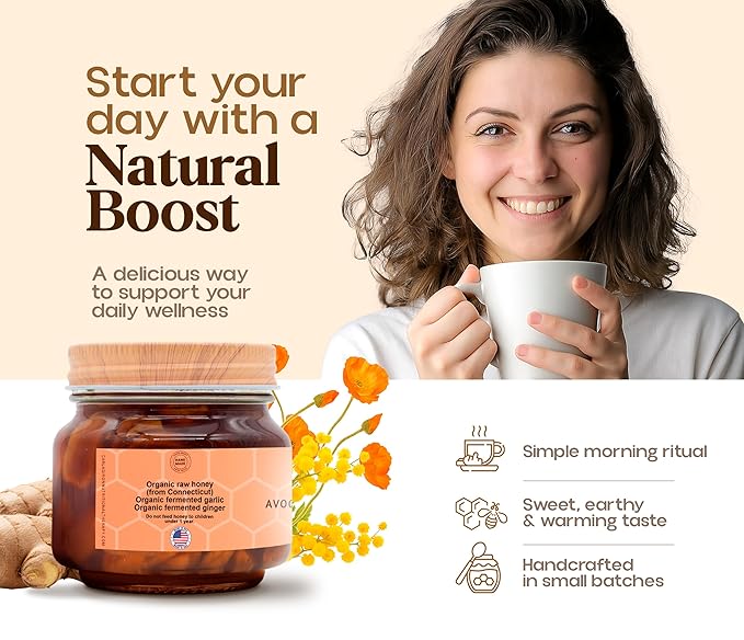 AVOCADOES Organic Raw Honey with Fermented Garlic &amp Ginger – Handcrafted Unfiltered Honey Blend – Natural Support for Immunity &amp Digestion – Small Batch – 8 oz Glass Jar