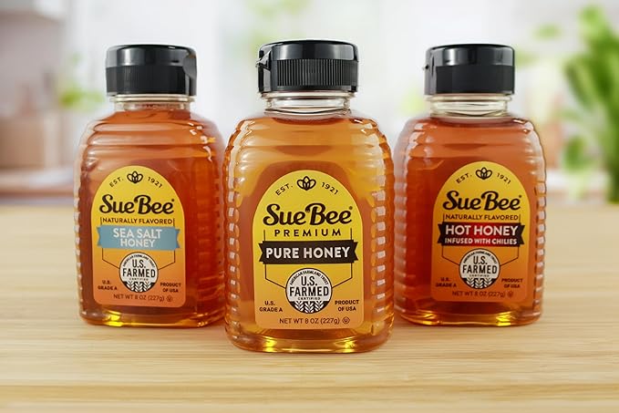Sue Bee® Sweetness Sampler – 3 Pack Honey Gift Set | Original Hot &amp Sea Salt | Pure U.S. Farmed Certified | Gourmet Gift Set for Foodies Cooking Tea Charcuterie &amp Holiday Gifting 8 Ounce (