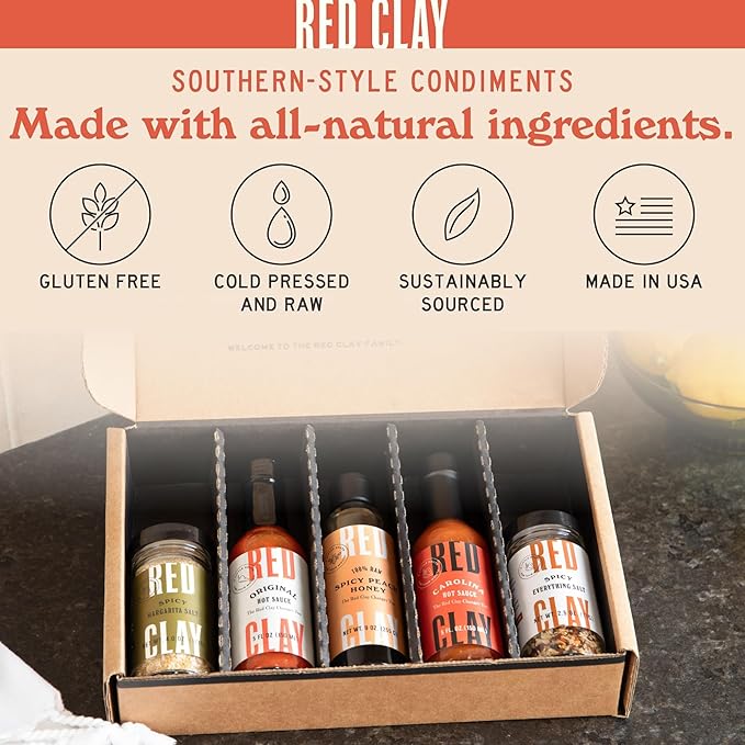 Red Clay Hot Sauce &amp Hot Honey Whole Shebang Variety Pack (Original Carolina Hot Verde Hot Honey and Southern Honey) Cold-Pressed Fermented and Barrel-Aged Hot Sauces 100% Raw Honey 5 Coun