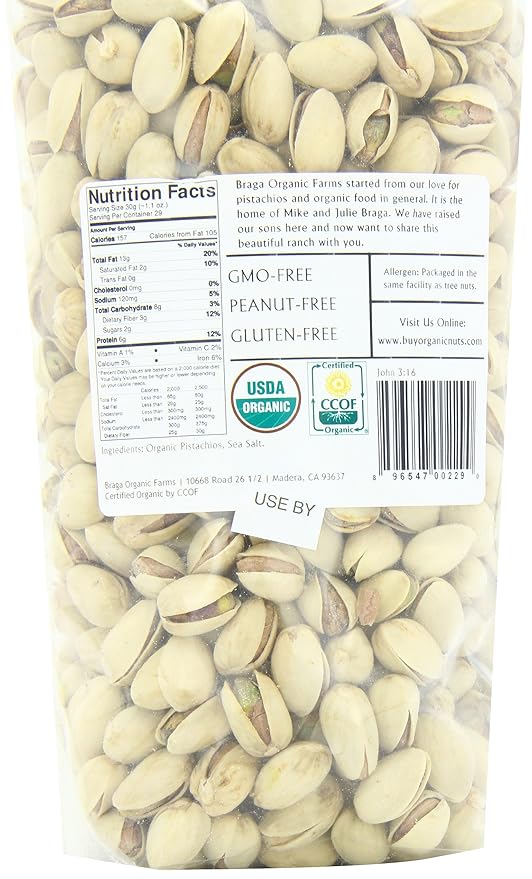 Braga Organic Farms 2 Pound Bag of Roasted/Salted Pistachios Inshell