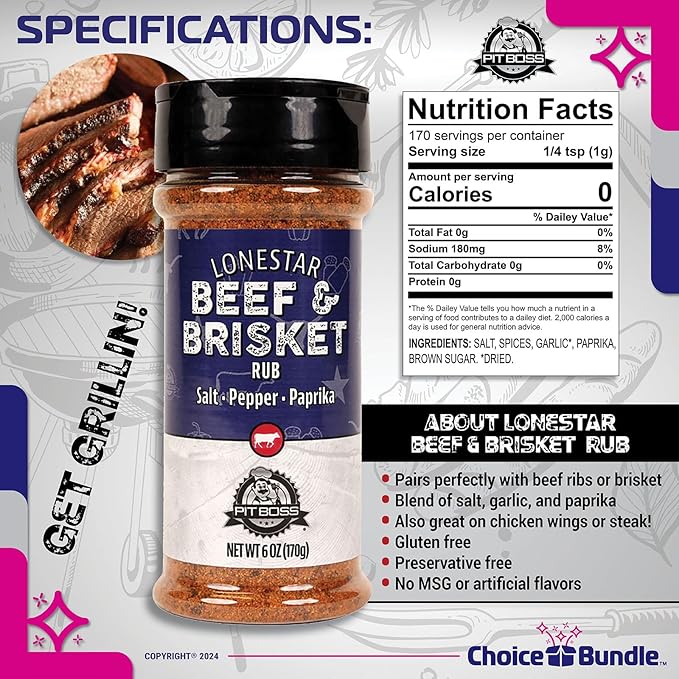 Pit Boss Lonestar Brisket - Texas Style Premium BBQ Barbecue Mixed Seasoning Spice &amp Rub 3 Pk Choice Bundle (18 oz) + Guide &amp Bottle Opener (5 Items)!