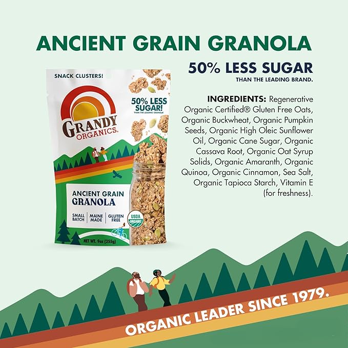 Grandy Organics Ancient Grain Granola - 6g Protein Snackable Granola Clusters - Whole Grain Low Sugar Gluten Free Non-GMO Certified Organic Healthy Snacks - Pack of 6