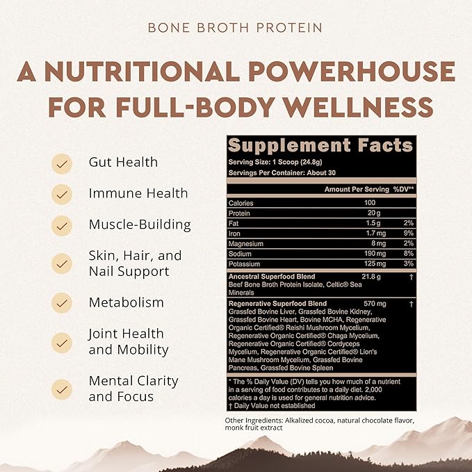 Ancestral Supplements Grass Fed Protein Powder Chocolate Beef Bone Broth Based w/Beef Organs &amp Organic Mushrooms Gut Health Support High Protein Supplement 20g Protein Per Serving 30 Day Sup