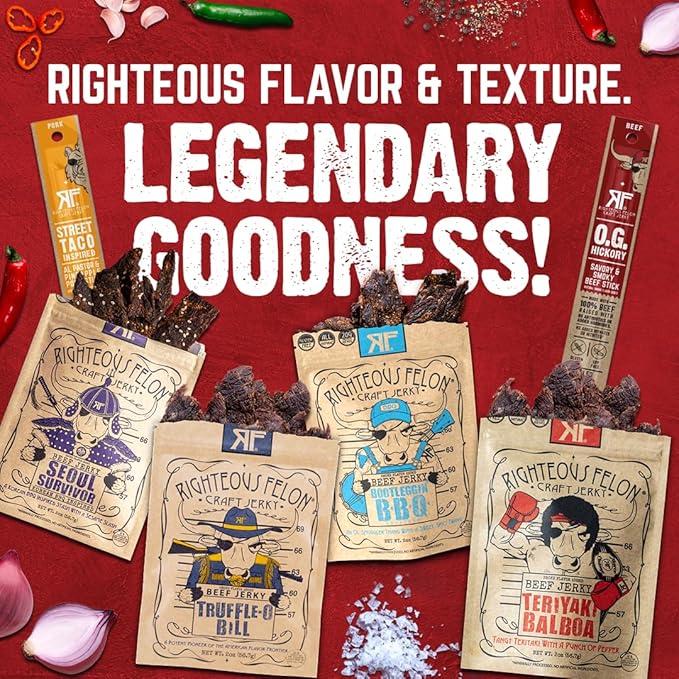 Righteous Beef Jerky Variety Pack Gift Basket - Great Gifts for Men | Gluten Free High Protein Healthy Snack | Beef Pork &amp Turkey Jerky Variety Snack Pack | Fan Favorites 6 Pack