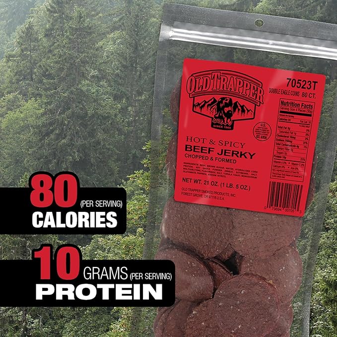 Old Trapper Double Eagle Beef Jerky Hot &amp Spicy Flavor 21 Ounce Package Natural Wood Smoked Meat Snacks 10 Grams of Protein and 80 Calories per Serving (Pack of One)