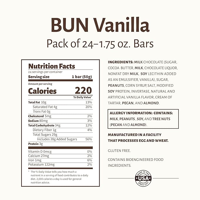Pearson's Vanilla BUN Cluster Bar | Roasted Peanuts Real Milk Chocolate and Vanilla Nougat | Pack of 24 | Individually Wrapped