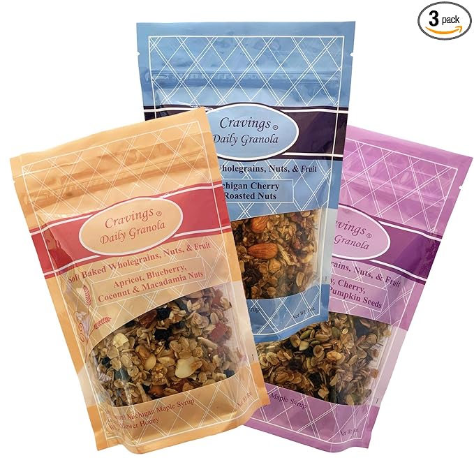 Cravings Daily Granola Variety- 3 Pack- Michigan Cherry &amp Roasted Nuts Apricot Blueberry Coconut &amp Macadamia Nut and Blueberry Cherry Cranberry &amp Pumpkin Seed