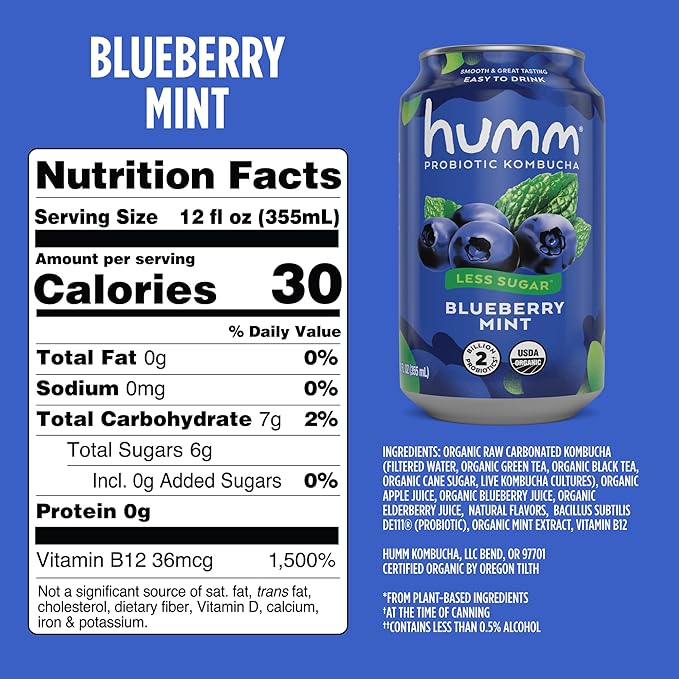 Humm Kombucha Blueberry Mint Organic Vegan &amp GMO Free (24 Pack)