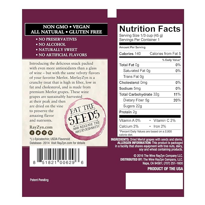 Wine RayZyn® MerlayZyn® | Nature's Most Antioxidant-Rich Superfood for a Healthy Heart and Life | Made from Dried California Merlot Wine Raisins®| Alcohol-Free with the Health Benefits of a Glass of W