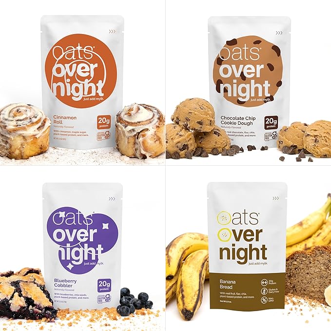 Oats Overnight Vegan Variety Pack - High Protein High Fiber Breakfast Protein Shake - Gluten Free Oatmeal Non GMO Protein Oatmeal - Banana Bread Blueberry Cobbler &amp More (8 Pack + Shaker Bottle
