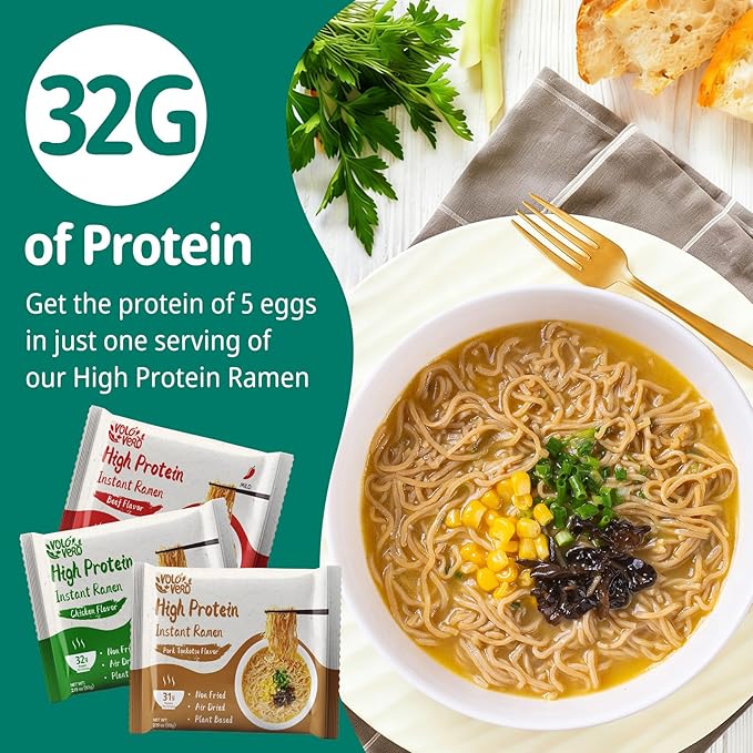 VOLO VERO High Protein (32g) Instant Ramen Variety Packaged Noodles Soup Chicken Spicy Beef Pork Tonkotsu Plant-Based Air-Dried Non-Fried Low Carb Egg-Free Dairy Free Healthy Meal 8 Packs