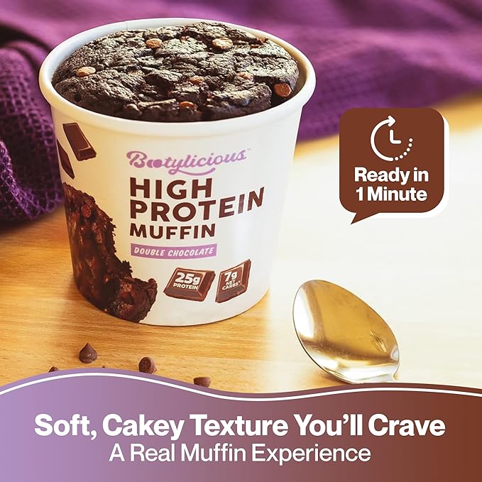 Bootylicious | 25g Protein Muffin | Double Chocolate | Low Carb 16g-18g Fiber Low Glycimic Index Low Sugar 2.75oz Cup 12-Pack