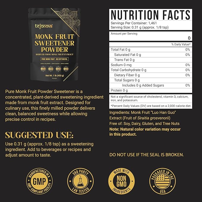 Monk Fruit Extract Sweetener 1lb Monk Fruit Extract Powder Pure Monkfruit Flavor No Erythritol Keto Sugar Substitute 1465 Servings