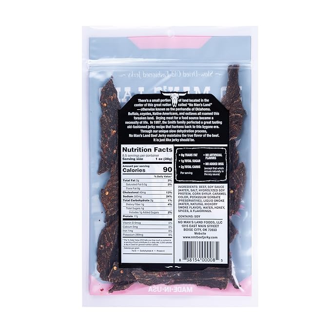No Mans Land Premium Beef Jerky | 17G High Protein Low Carb Low Calorie Beef Snack | Slow-Dried Smoked &amp Seasoned Jerky Strips | HOT 8.5oz Bag