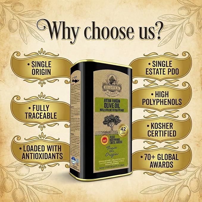 Ellora Farms Single Estate PDO Greek Extra Virgin Olive Oil Cold Pressed &amp Traceable Olive Oil Kosher 1 Lt Tin (33.8 oz.) Pack of 4