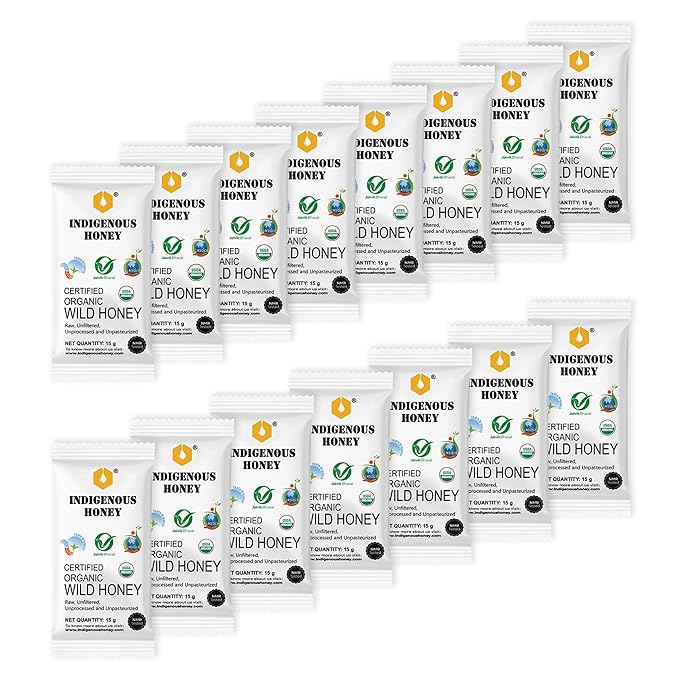 INDIGENOUS HONEY Organic Natural Wild Honey Raw Pure Unprocessed Added Sugar Free NMR Tested Unpasteurized Unheated 15 Sachets Gift Pack 15g Each Total 225g