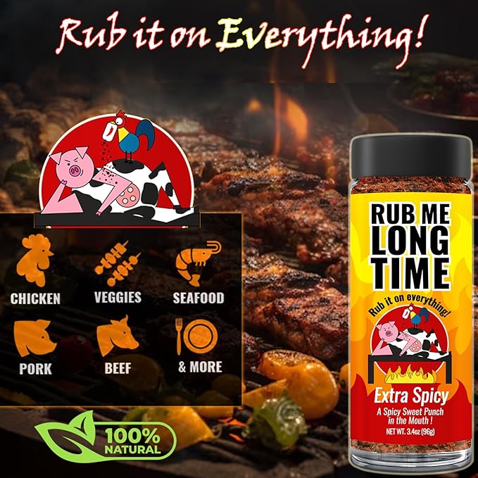 RUB ME LONG TIME (96g)| Sweet Salty &amp Spicy BBQ Rub | Original Smokin' Chipotle Extra Spicy | Perfect for Chicken Pork &amp Seafood