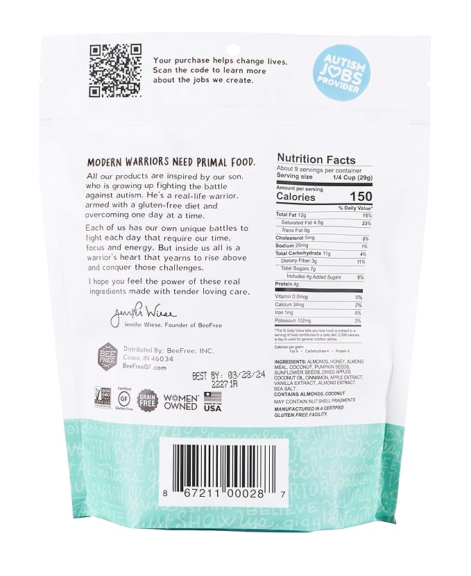 BeeFree Warrior Mix Gluten Free Granola - Chunky Granola Bites | Paleo Granola Low Carb Grain Free Preservative Free Oat Free | Granola for Yogurt Low Calorie Snacks | Mae’s Apple Pie 9 Ounce Ba