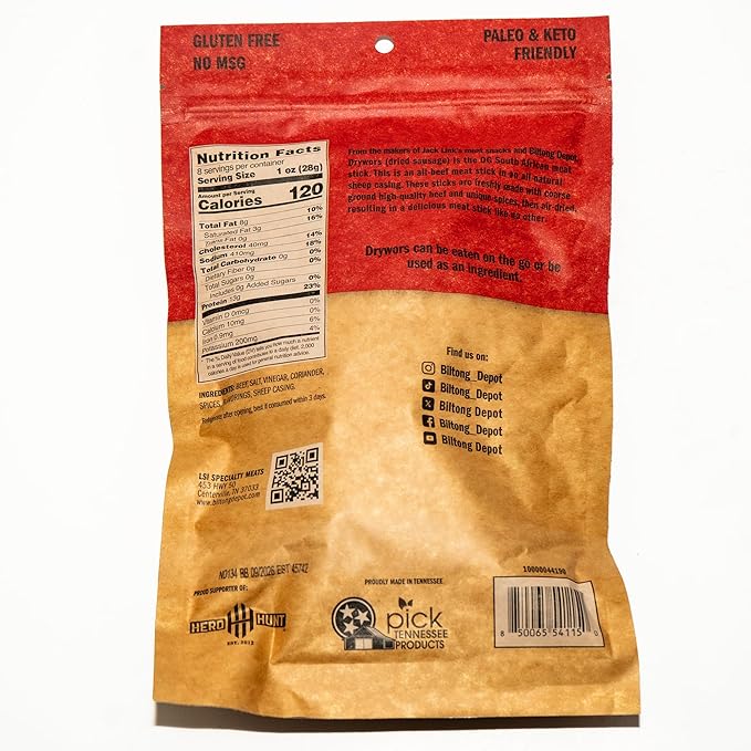 Biltong Depot Original Drywors - 8oz | Air-Dried Beef Snack Sticks | High Protein | Paleo and Keto Friendly | Zero Sugar | Gluten Free | No Artificial Preservatives | No MSG