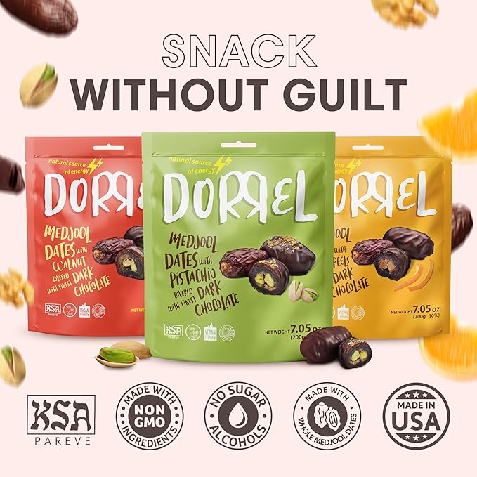 DORREL - Trio Bundle Pack: Belgian Dark Chocolate Covered Dates (Medjool) with Candied Orange Peels Pistachio &amp Walnuts Stuffing High Energy Vegan Choco Snack Kosher &amp Non-GMO Pack of 3 7.