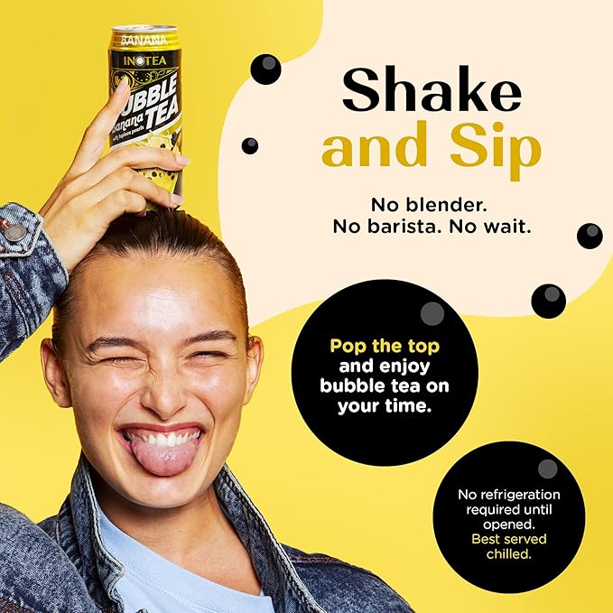 Inotea Bubble Tea with Tapioca Pearls - Delicious Instant Boba Tea - Ready-to-Drink Black Milk Tea - Comes in Large 16.6 oz Cans - Enjoy Real Boba Without the Long Lines - Banana - 12 pack